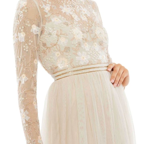 MAC DUGGAL 9132 EMBELLISHED ILLUSIONS HIGH NECK LONG SLEEVE VANILLA GOWN sz 8 - Picture 3 of 5